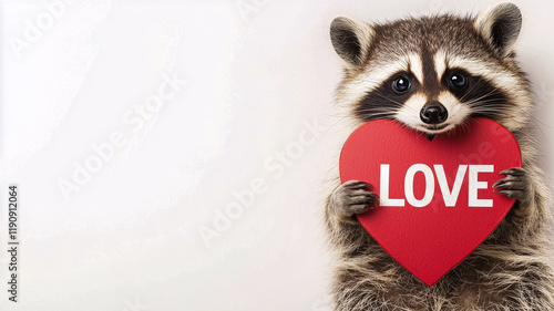 A cute raccoon holding a red heart with the word 