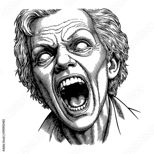 Screaming Zombie with Rotten Face in Black and White Outline Line Art Drawing Isolated