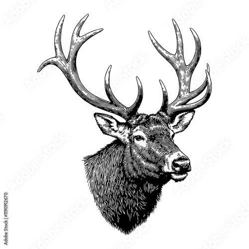 Detailed Elk Head Portrait with Antlers Black and White Outline Line Art Drawing