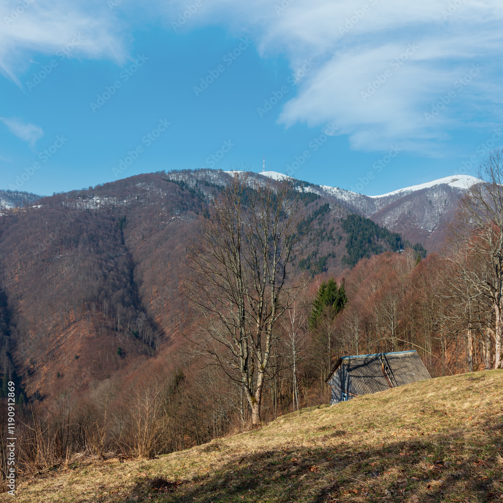Early spring Carpathian mountains plateau landscape with snow-covered ridge tops in far, Ukraine.