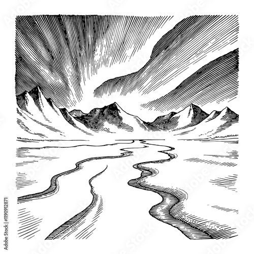 Antarctica Landscape with Aurora Borealis in Black and White Outline Line Art Drawing