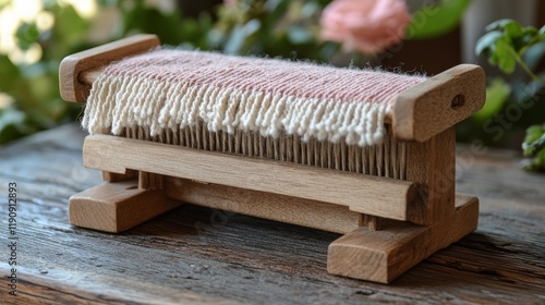 Handmade wooden loom for weaving with delicate fabric resting on it in a brig...
