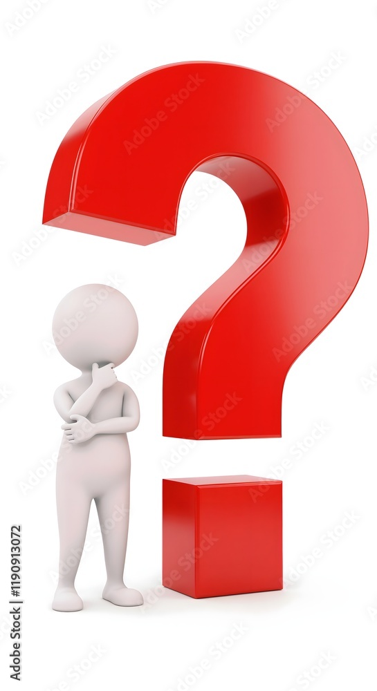 3D illustration of a white figure thinking beside a large red question mark, representing confusion, problem-solving and brainstorming ideas 3D illustration of a white figure thinking beside a large red question mark, representing confusion, problem-solving and brainstorming ideas