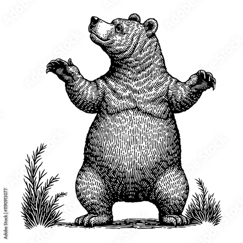 Bear Standing and Dancing with Open Arms Black and White Outline Line Art Drawing