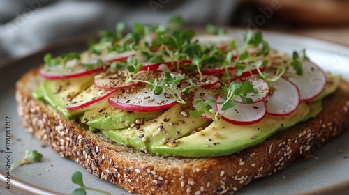 Delicious avocado toast topped with radish and herbs served on a rustic plate