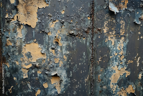 Rustic texture of a deteriorating metal surface with peeling paint revealing layers of history in shades of black and rust, perfect for adding a raw, industrial vibe to any creative project.