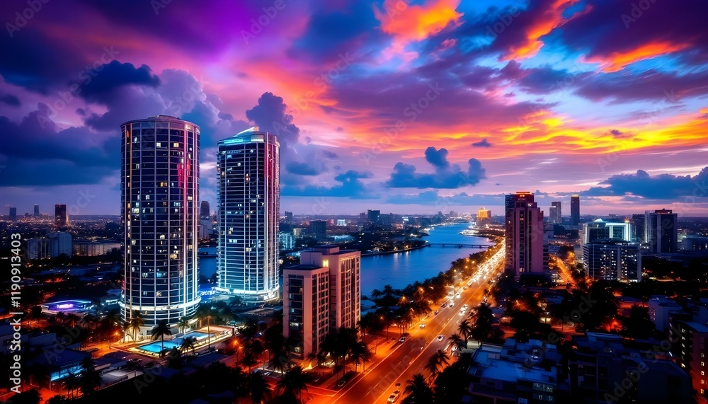 Obraz premium Cityscape Twilight: Vibrant Sunset over Illuminated Towers