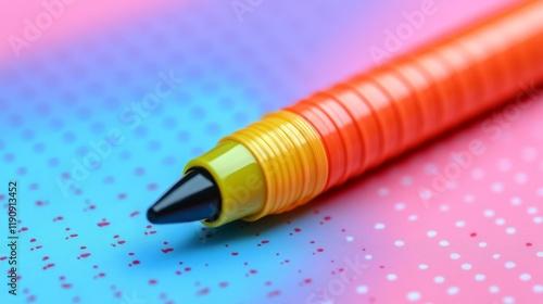 Colorful pen resting on a notebook with notes and a small plant in the backgr...