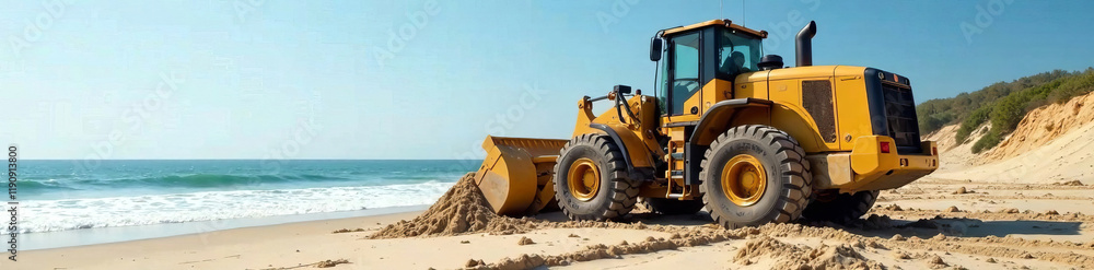 A bulldozer working on a sandy beach, moving earth with the ocean in the background. A bulldozer working on a sandy beach, moving earth with the ocean in the background.