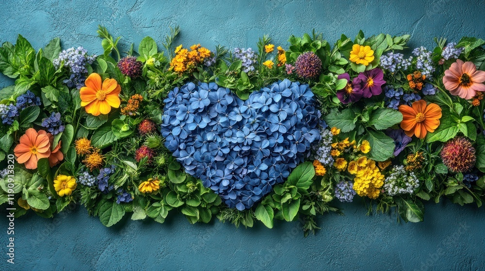 Naklejka premium Blue hydrangea heart framed by colorful flowers.