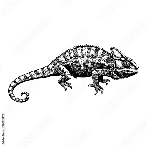 Detailed Chameleon Side View Black and White Outline Line Art Drawing of a Reptile