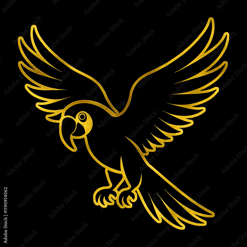 Fototapeta premium 飛んでいるオウムのゴールドのシルエットイラスト 黒背景の切り抜き