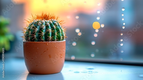 Cactus in terracotta pot near window with soft natural light illuminating its...