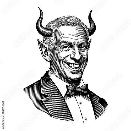 Devil with Devilish Figure Smiling Horns Mischievous Expression Black and White Outline Line Art Drawing