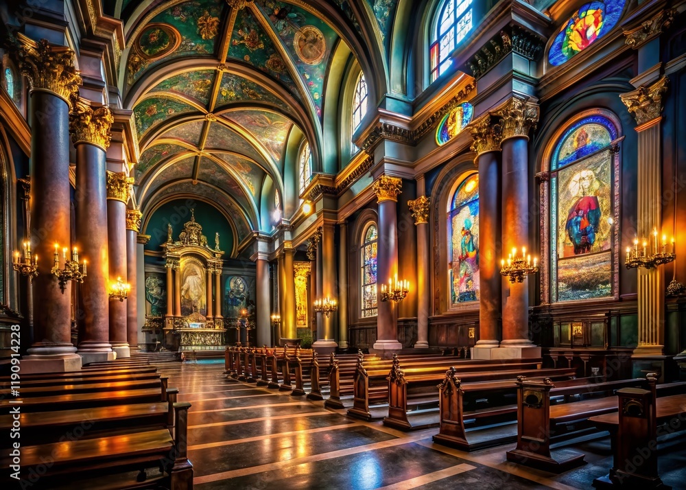 Obraz premium Moody Low Light Interior, Stockholm Church, Architectural Detail, Baroque Interior, Religious Building