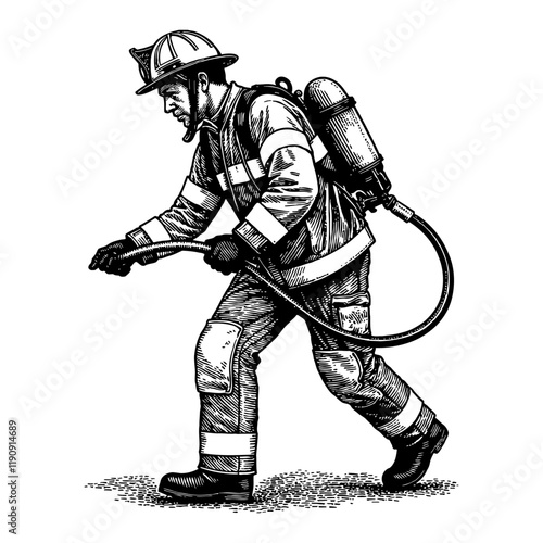 Firefighter Holding Hose with Detailed Black and White Outline Line Art Drawing