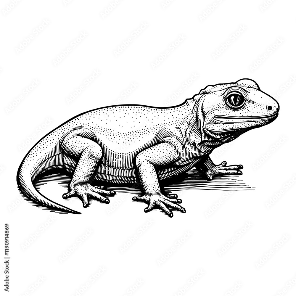 Obraz premium Detailed Side View Gecko Reptile Black and White Outline Line Art Drawing Engraving Style