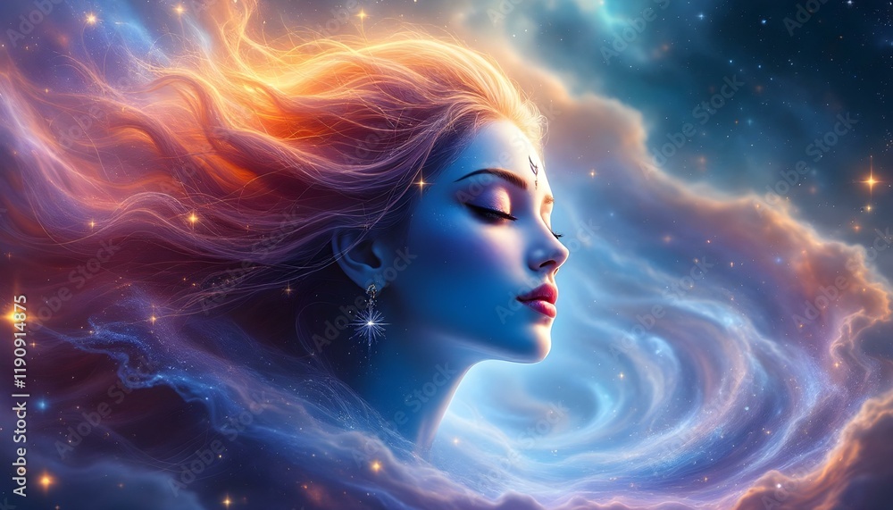 Cosmic Serene: A Woman's Profile in a Dreamlike Nebula Cosmic Serene: A Woman's Profile in a Dreamlike Nebula