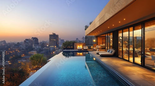 Luxury villa with infinity pool overlooking city skyline at sunset