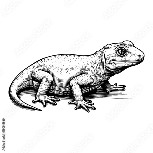 Detailed Side View Gecko Reptile Black and White Outline Line Art Drawing Engraving Style