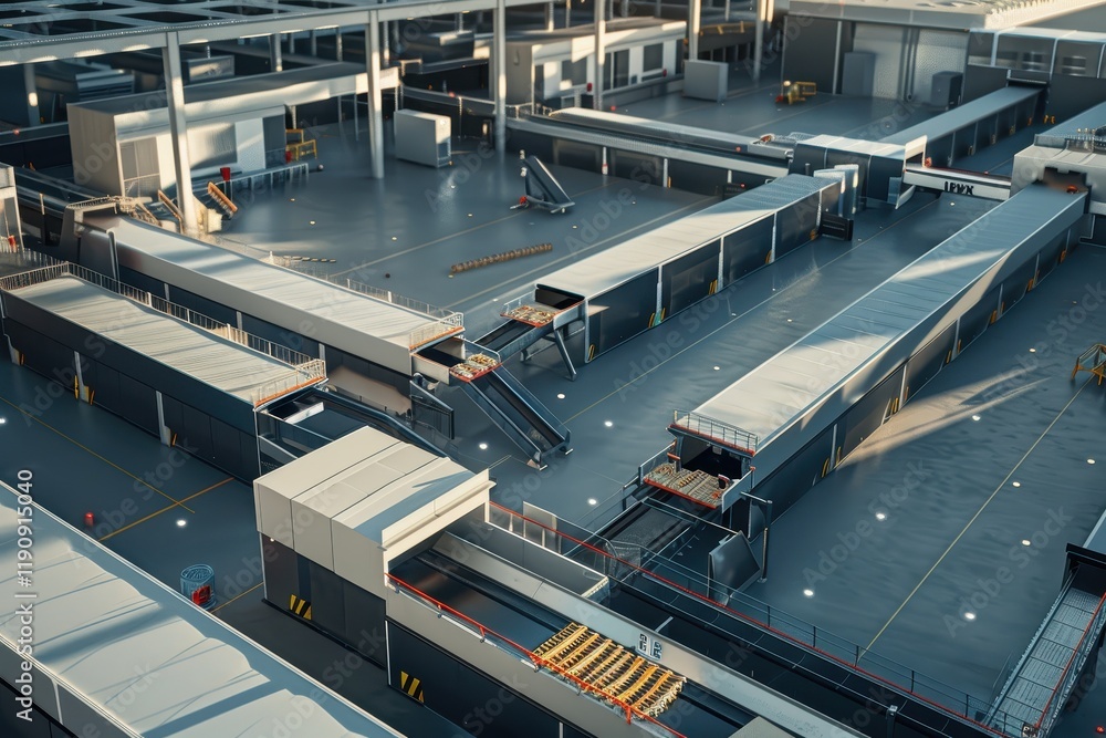 Aerial view of a modern logistics facility with loading docks and transport areas. Aerial view of a modern logistics facility with loading docks and transport areas.