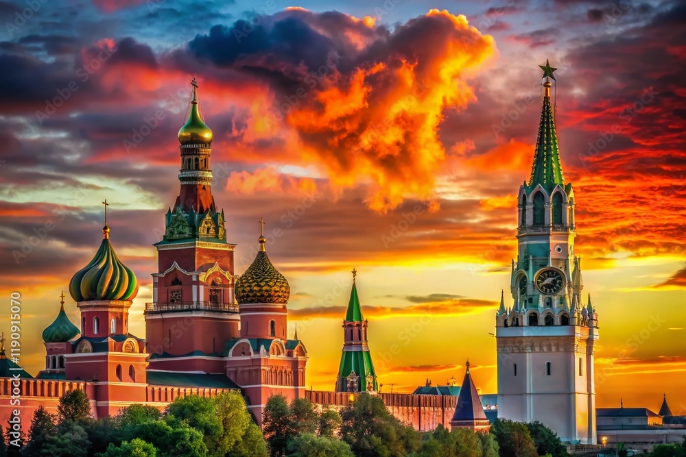 Fototapeta premium Moscow Kremlin Silhouette: Vodovzvodnaya Tower & Nativity Church at Sunset