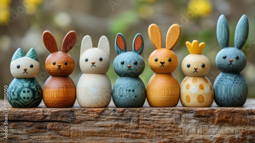 Colorful wooden bunny figurines arranged on a rustic wooden surface in a gard...
