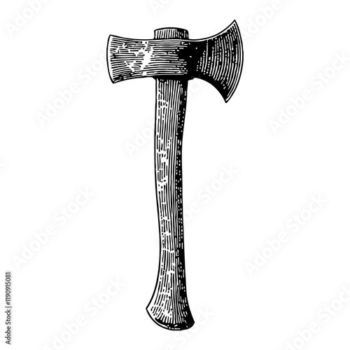 Hand Axe with Double Head in Vintage Style Detailed Black and White Outline Line Art Drawing