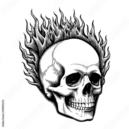 Skull with Fire Hair Head in Detailed Black and White Outline Line Art Drawing