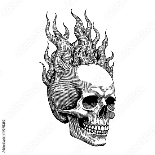 Skull Head with Hair Made of Fire Detailed Black and White Outline Line Art Drawing