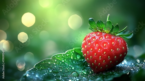 Fresh strawberry on a green leaf glistening with water droplets in a tranquil...