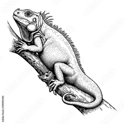 Iguana Perched on Tree Branch Detailed Black and White Outline Line Art Drawing