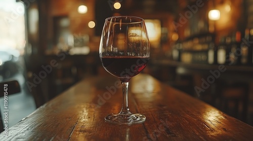 Elegant glass of red wine on a wooden bar with blurred bottles in the background