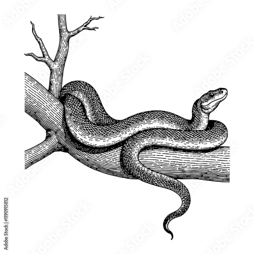 Python on a Tree Branch Detailed Black and White Outline Line Art Drawing Reptile Animal Design