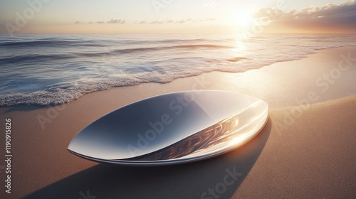 Futuristic Sculpture on Tranquil Beach at Sunset
