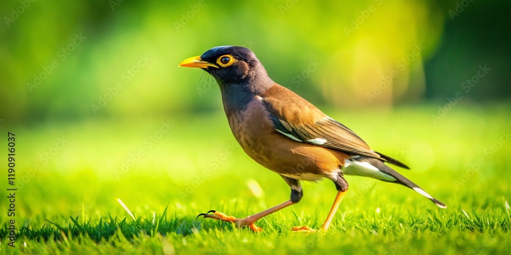 Fototapeta premium Myna Bird Walking on Lush Green Grass - Aerial View Stock Photo