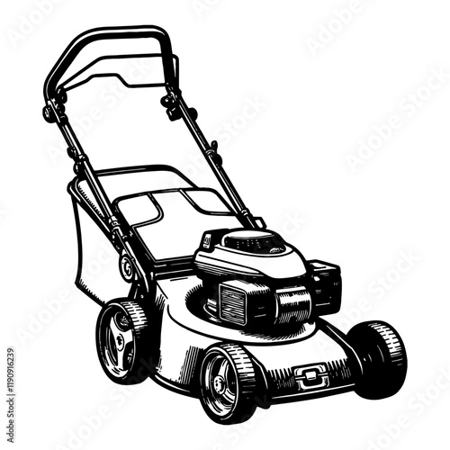 Simple Lawn Mower Detailed Black and White Outline Line Art Drawing isolated on white