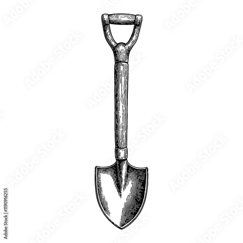 Shovel in Detailed Vintage Black and White Outline Line Art Drawing with a D Handle