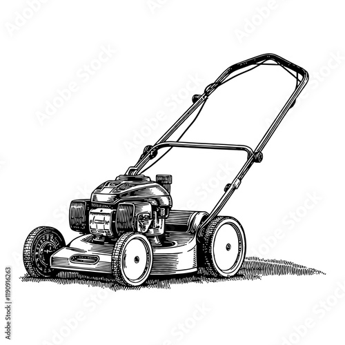 Lawnmower Side View Detailed Simple Black and White Outline Line Art Drawing Isolated Object
