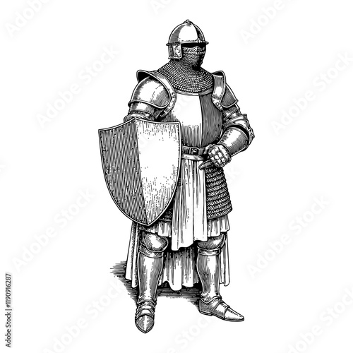 Medieval Knight in Full Armor Black and White Outline Line Art Drawing Holding Shield