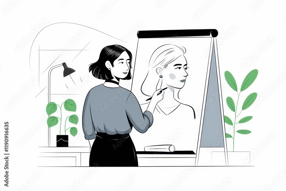 Woman Artist Creates Portrait Drawing On Easel Woman Artist Creates Portrait Drawing On Easel