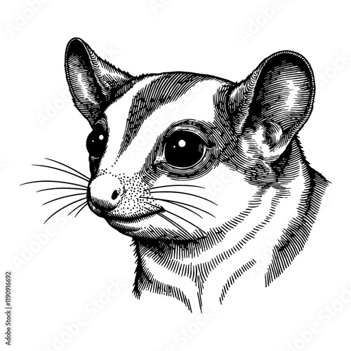 Sugar Glider Head Detailed Portrait Black and White Outline Line Art Drawing Engraved Illustration