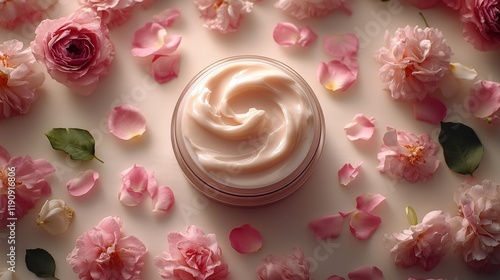 Delicate pink cream jar surrounded by cherry blossoms in a soft, serene setting
