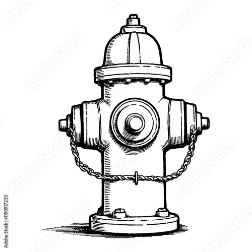Water Hydrant with Front View in Detailed Black and White Outline Line Art Drawing