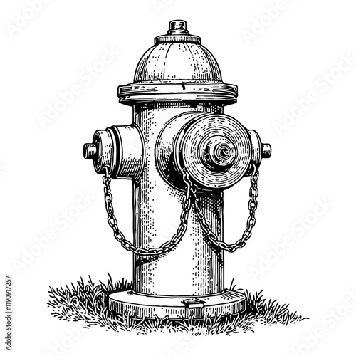 Water Hydrant with Chain and Grass in Detailed Black and White Outline Line Art Drawing