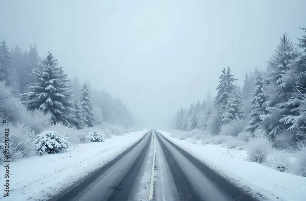 A highland road blanketed in heavy snowfall during a cloudy winter day. Generative AI A highland road blanketed in heavy snowfall during a cloudy winter day. Generative AI