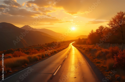 A golden road through highlands during an autumn sunset. Generative AI photo