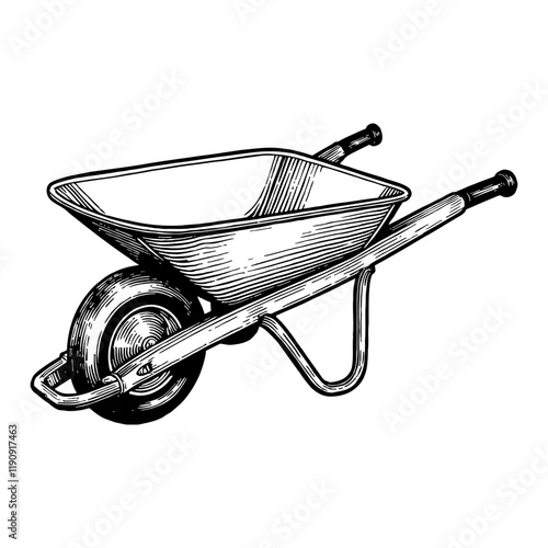 Detailed Wheelbarrow Front View Black and White Outline Line Art Drawing Isolated on White Background