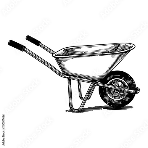 Wheelbarrow Side View with Detailed Black and White Outline Line Art Drawing Isolated