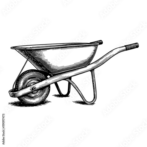 Side View Wheelbarrow with Single Wheel Detailed Black and White Outline Line Art Drawing